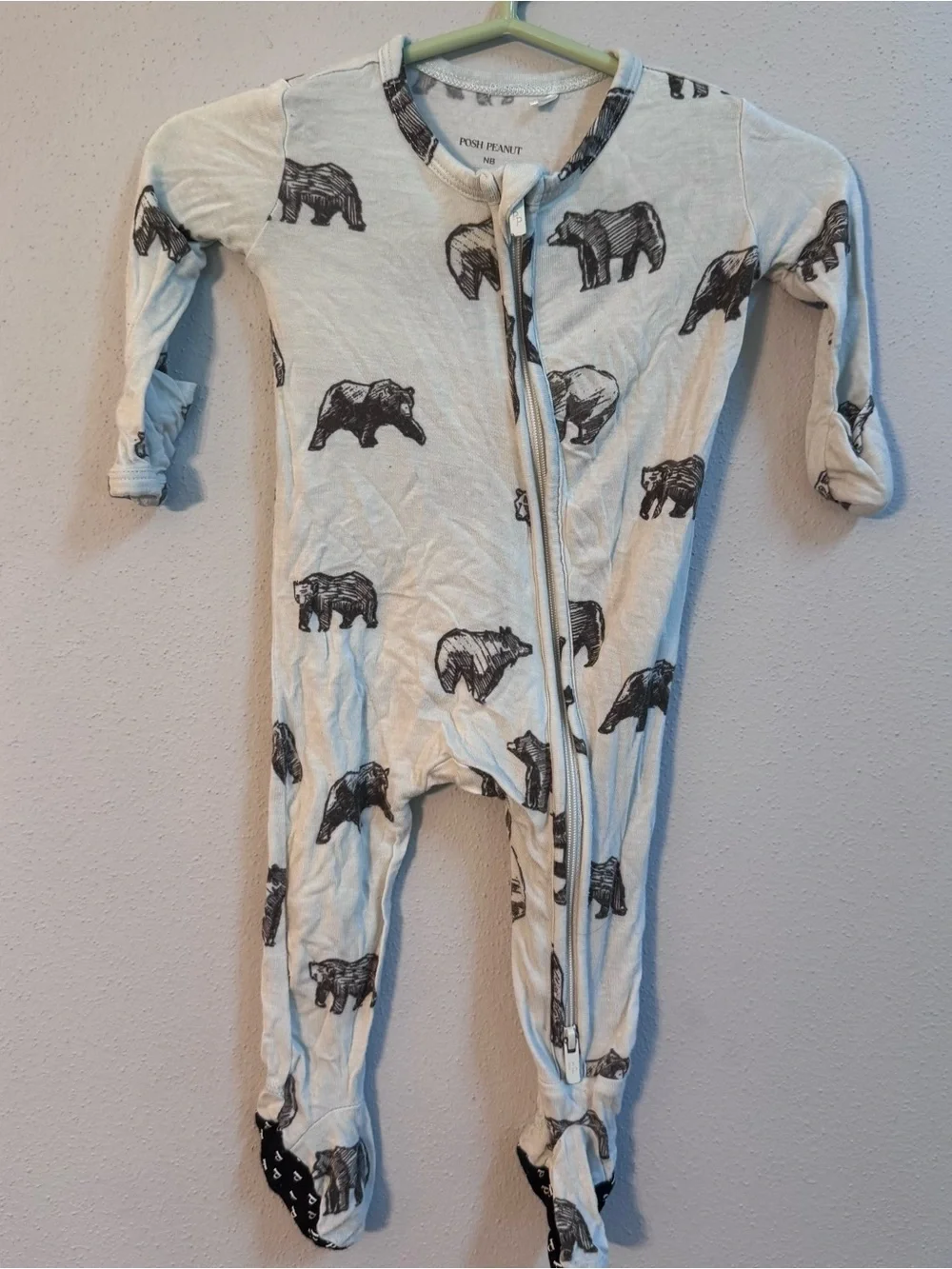 Posh Peanut Bamboo Pajama One-Piece Footed Romper Black Bear Newborn w/ hat